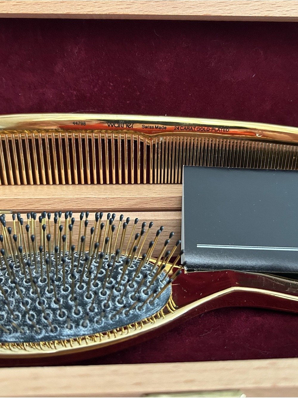 24-Carat Gold-Plated Women’s Men's Hair Brush and Comb Set Swiss Made Wood Box